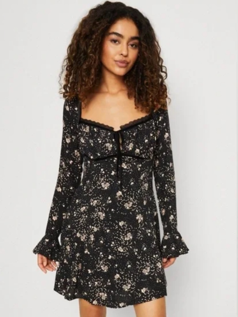 Free People Tess Mini Dress Black Mini Dress with Cream Floral Print Witch Vibes